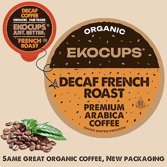 EKOCUPS Organic Swiss Water Decaf French Roast Coffee Pods, Extra 30% More Coffee Per Cup, Artisan Fair Trade Dark Roast, Decaf French Roast for Keurig K Cup Machines, Recyclable Pods, 80 Count
