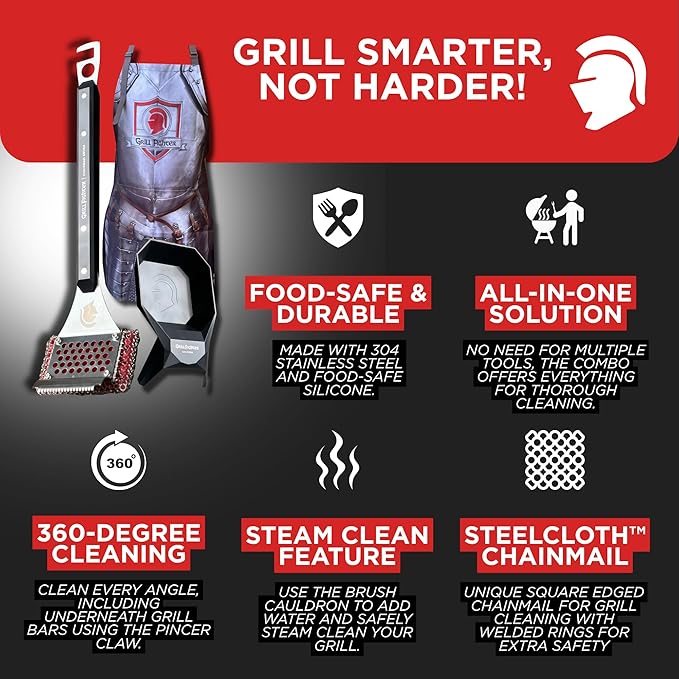 Grill Brush Combo Pack – Grill Cleaner & Scrubber for Outdoor Grills, BBQ Cleaning Tool, Steel Bristle-Free Brush, Grilling Apron – BBQ Accessories for Men & Women