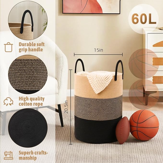 Artfeel Laundry Basket,Woven Cotton Rope Laundry Hamper,60L for Decorative Storage of Dirty Clothes,Toys and Blankets in Bathroom,Bedroom and Living Room