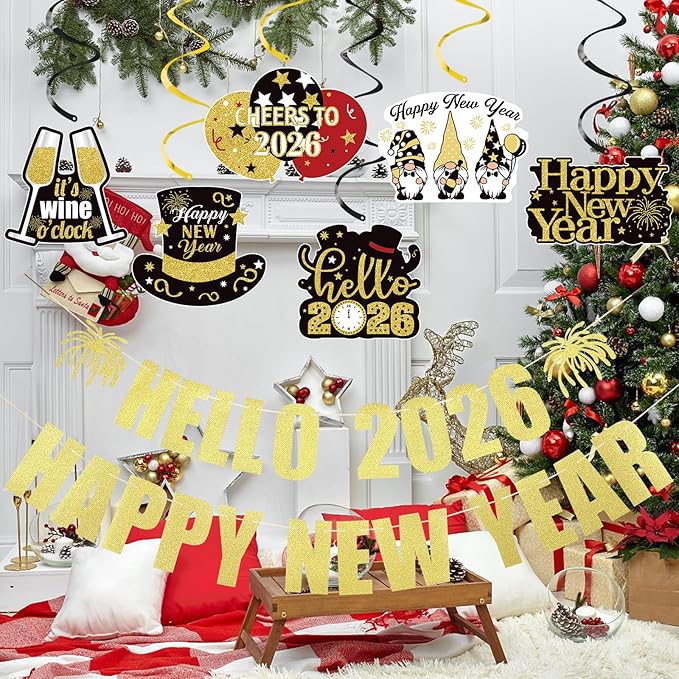 Gold Glitter Hello 2026 Happy New Year 2026 Banner Happy 2026 New Years Eve banner 2026 for Happy New Year 2026 Party Decorations