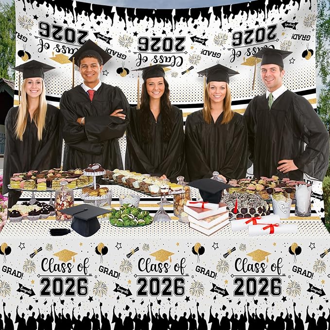 Graduation Decorations Class of 2026 Tablecloth - 3 Pcs Plastic Congrats Grad Table Cloth, Graduation Table Cover for Graduation Party Decorations 2026 and Party Supplies, 54"x108" (Black and Gold)