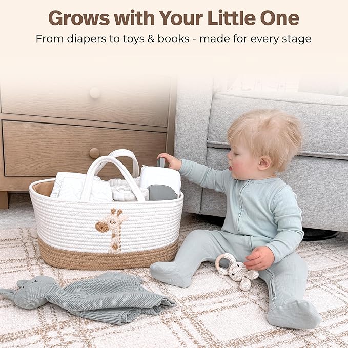 Giraffe Diaper Caddy Organizer for Baby Cotton Rope Nursery Storage Basket 17"x10.5"x7" with Removable Dividers Portable Changing Table Organizer, Car Caddy, Baby Shower Basket