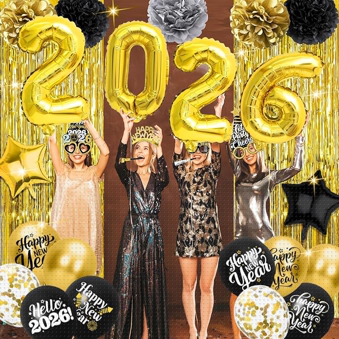 New Year Decorations 2026 - Black Gold Happy New Year Party Supplies Set include Banner, Balloons, Hats, Headbands, Glasses, Blowouts and Squawkers