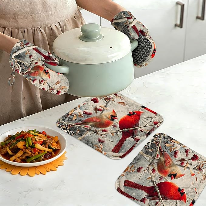 Red Cardinal Birds Winter Oven Mitts and Pot Holders Sets of 4,Heat Resistant Silicone Oven Mitts Gloves Non-Slip Kitchen Mittens Potholders for Cooking Baking Grilling BBQ