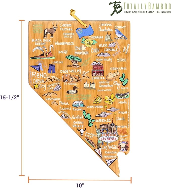 Totally Bamboo Nevada State Shaped Cutting Board and Charcuterie Serving Platter with Artwork by Fish Kiss, Includes Hang Tie for Wall Display
