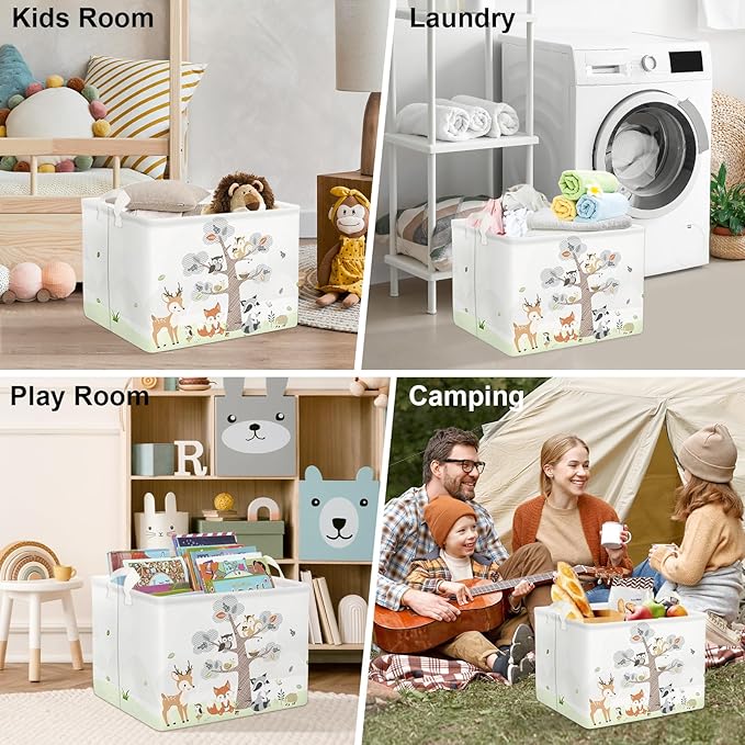 Clastyle 36L Large Woodland Animal Tree House Baby Basket Rectangle Deer Fox Squirrel Shelf Basket with Handle Collapsible Book Toy Clothes Towel Nursery Storage Basket