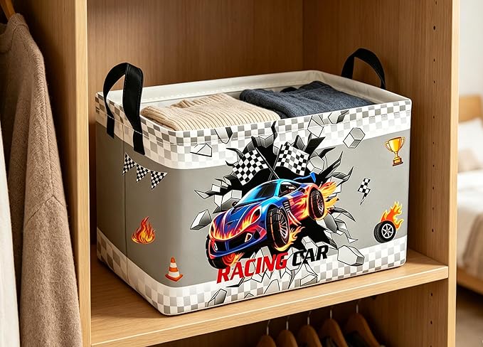 Essme Rectangular Kids Baskets,Car Storage Box,Cute Basket for Kids with Handles for Room Decor, Book Bins,Shelf Basket.(Blue Car)