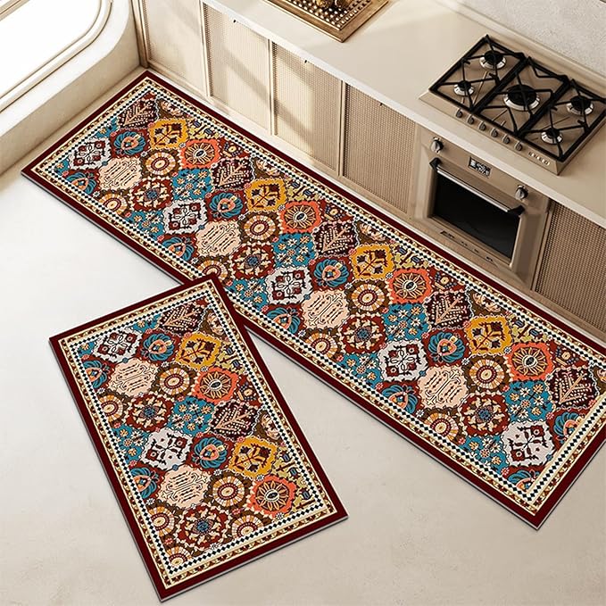 Boho Kitchen Rugs for Floor, Vintage Mid Century Floral Kitchen Mats, Anti Fatigue Non Slip Waterproof Runner Rugs(Brown,60 * 180cm)