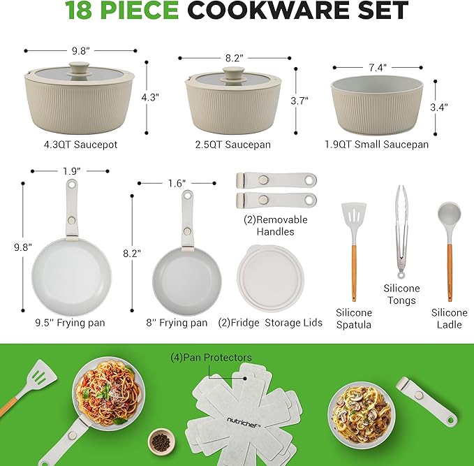 NutriChef 18-Piece Ceramic Cookware Set with Detachable Handles, Space-Saving Nonstick Pots, Pans & Lids, Oven-Safe Bowls, Stackable Storage, Includes Cooking Utensils & Accessories (Green)