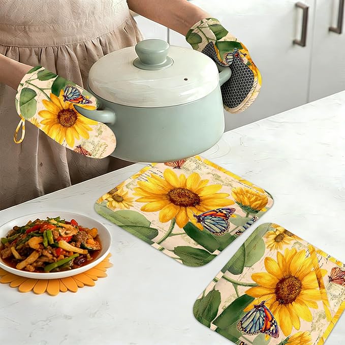 Sunflower Floral Butterfly Oven Mitts and Pot Holders Sets,Silicone Kitchen Mitts Potholders Heat Resistant 4Pcs Oven Gloves Hot Pads for Kitchen Baking Cooking