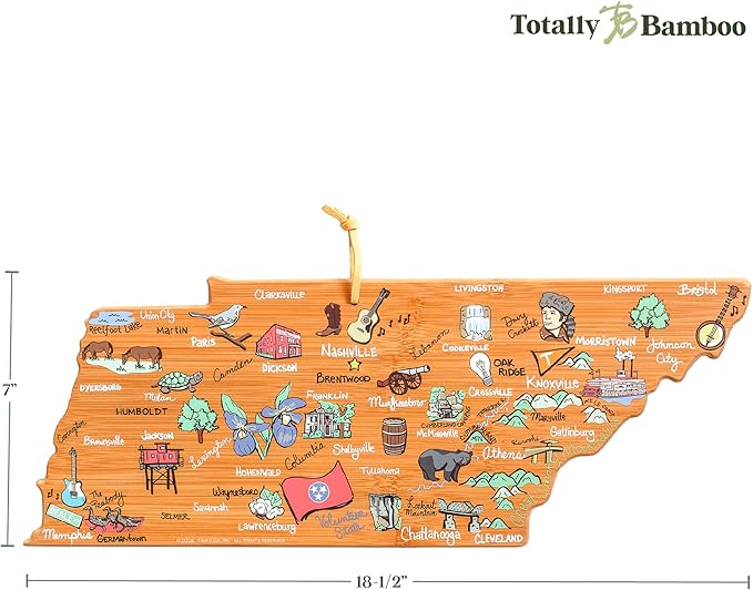 Totally Bamboo Tennessee State Shaped Cutting Board and Charcuterie Serving Platter with Artwork by Fish Kiss, Includes Hang Tie for Wall Display
