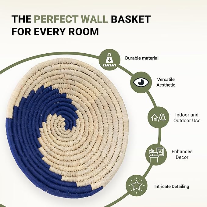 Wicker Village | Handmade Woven Wall Basket Décor | Boho Wall Art | Hanging Accent Rustic Natural Sabai Grass | Blue and Beige | Small, Medium, Large Bundle