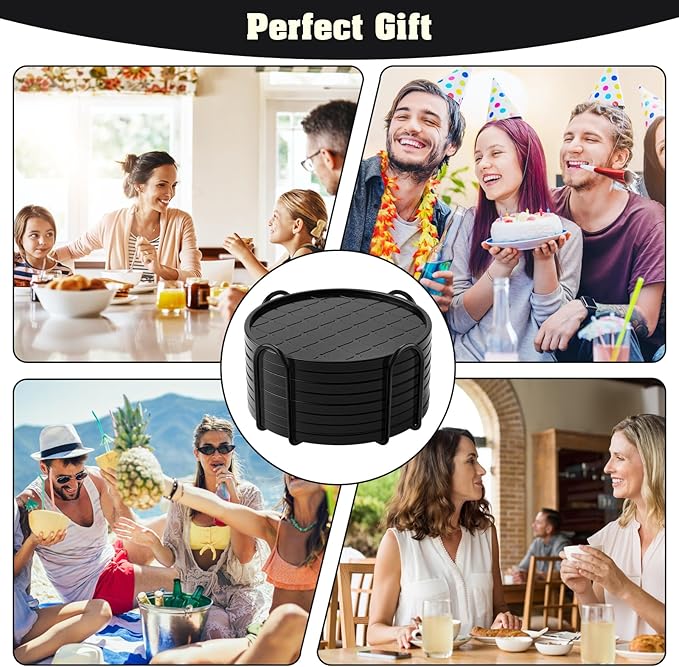 Coasters Set of 8,Hot or Cold Drink Coasters with Holder,Modern Style Coffee Table Coaster,Suitable for Kinds Cups Beer,Drink,Anti-Overflow Tabletop Protection (Black, 6pcs)
