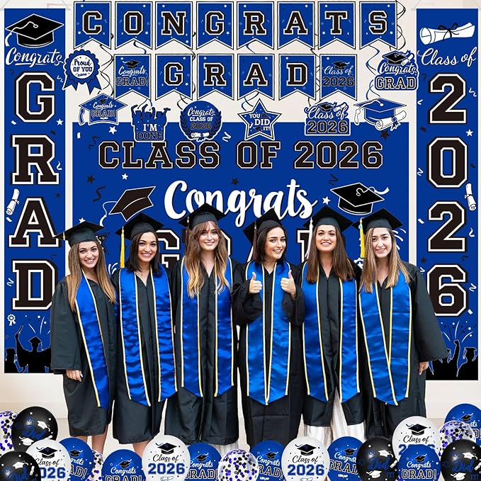 Graduation Decorations Class of 2026 - Blue Themed Graduation Supplies Include Grad Backdrop, Banner, Hanging Swirls, Porch Sign, Balloons, Foil Number 2026 for Congrats Grad Party Decorations