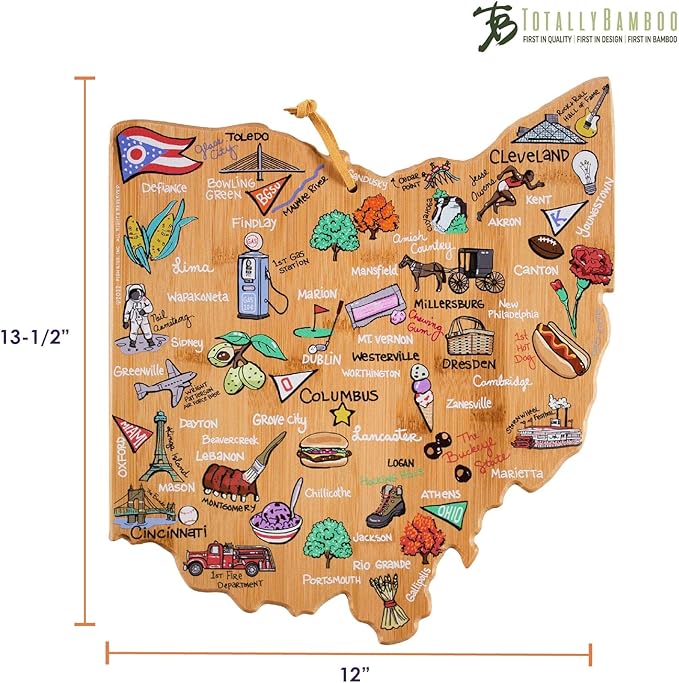 Totally Bamboo Ohio State Shaped Cutting Board and Charcuterie Serving Platter with Artwork by Fish Kiss, Includes Hang Tie for Wall Display