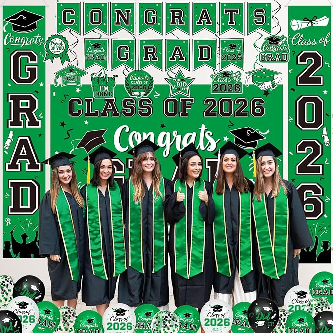 Graduation Decorations Class of 2026 - Green Graduation Party Supplies Include Grad Backdrop, Banner, Hanging Swirls, Porch Sign, Balloons, Foil Number 2026 for Congrats Grad Party Decorations