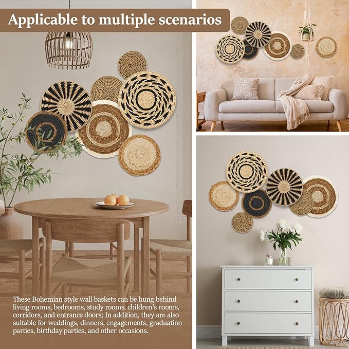 VMBORTI 7 Pcs Boho Wall Basket Set with Handmade Woven Rattan Décor for Living Room, Office, Lightweight, Easy to Hang, and Adds a Natural Boho Touch