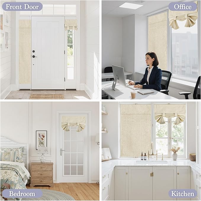 RYB HOME 100% Blackout Tricia Door Curtains, Linen Textured Blend Thermal Insulating Privacy French Door Window Tie Up Shades Living Room Curtains for Kitchen, W 34 x L 80 inches, Beige, 1 Panel