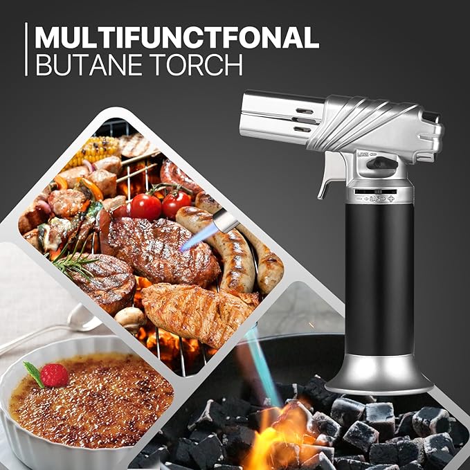 mollie Mini Butane Torch Lighter with Adjustable Flame, Small Refillable Kitchen Cooking Blow Torch for Creme Brulee, Windproof Baking Torch with Safety Lock, Silver 2-Pack (Butane Gas Not Included)