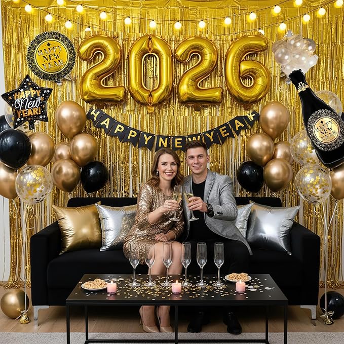 2026 New Year's Eve Decorations Kit - Black Gold White Confetti Balloons Happy New Year Banner, Jumbo 2026 Mylar Balloons,Curtain, Champagne Bottle for New Year's Eve Party Decorations