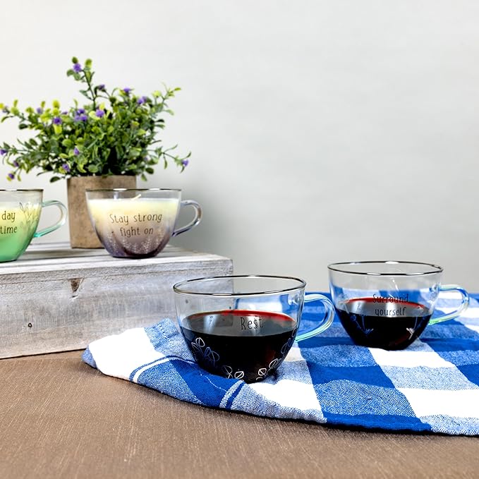Pavilion Gift Company - Rest Relax Rejuvenate - 7 oz Teacup And 5.25" Saucer Plate Set Expresso Shot Tea Party Cappuccino Coffee Mug Drinkware Glass Tranquil Self Care Affirmations Positivity