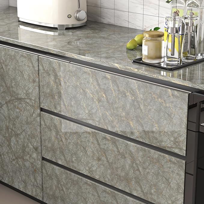 Livelynine Green Countertop Contact Paper for Countertops Peel and Stick Kitchen Wallpaper Dark Green Gold Marble Counter Top Vinyl Wrap for Cabinets Desk Covers Waterproof Bathroom Laminate 15.8x78.8