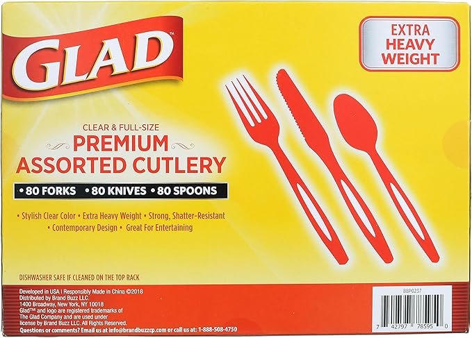 Glad Clear Disposable Cutlery Set with Heavy Duty Plastic Forks, Knives, and Spoons, Reusable Dishwasher Safe Plastic Utensils for Parties and Everyday Use, 240 Count - 6 Pack