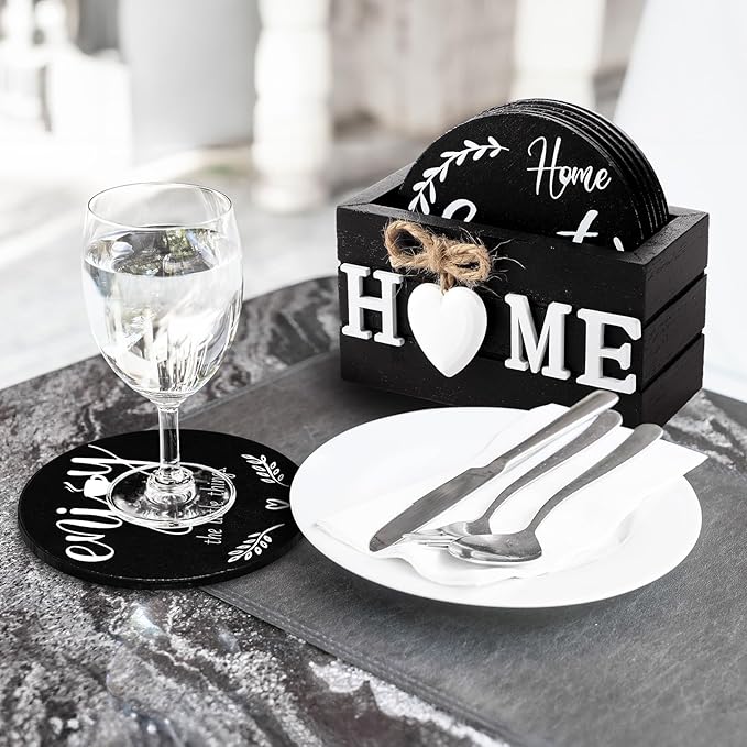 Queekay Coasters Set of 6 House Warming Gifts New Home Wooden Farmhouse Drink Coasters with Holder 4'' Funny Decoration for Kitchen Family Coffee Bar Tabletop Protection(Black)