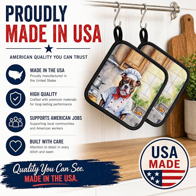 Caroline's Treasures Staffordshire Bull Terrier The Chef Pair of Pot Holders Kitchen Heat Resistant Pot Holders Sets Oven Hot Pads for Cooking Baking BBQ, 7 1/2 x 7 1/2