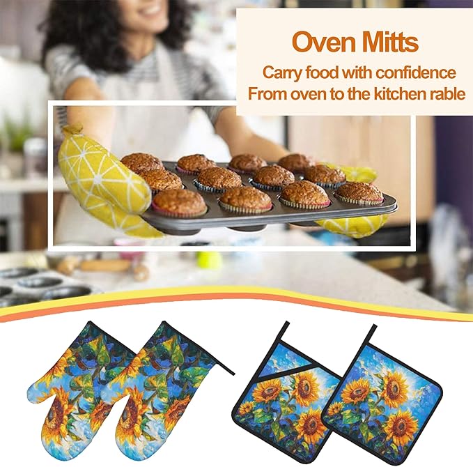 Sunflower Pattern Oven Gloves and Hot Pads Set - Heatproof Hand Protection for Baking, Grilling, Cooking 4Pcs
