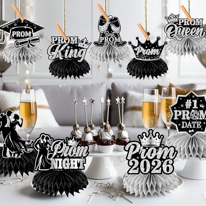 Prom Decorations 2026 Honeycomb Centerppieces, 12Pcs Black and Silver Prom Centerpieces for Table Prom Night Table Decorations High School College Graduation Celebration Prom Party Favors