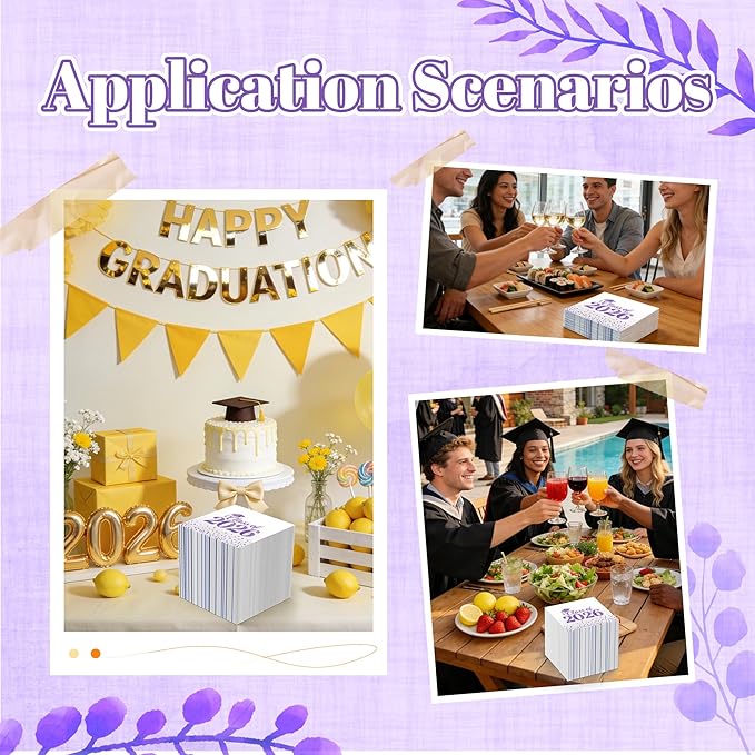 Graduation Napkins Class of 2026 Napkins Disposable Paper Napkins Congrats Grad Cocktail Napkins Graduation Decorations 2026 Purple Napkins Hand Towels for College Graduation Party Decorations 100 Pcs