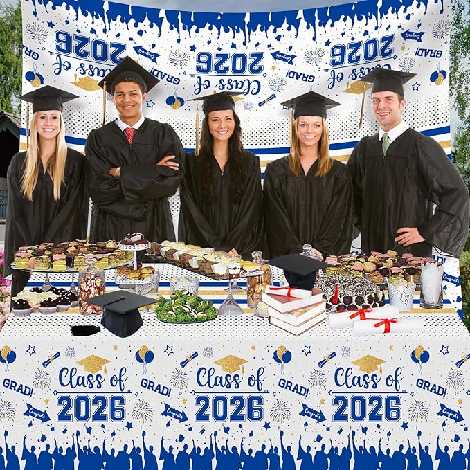 Graduation Decorations Class of 2026 Tablecloth - 3 Pcs Plastic Congrats Grad Table Cloth, Graduation Table Cover for Graduations Party Decorations 2026 and Party Supplies, 54"x108" (Blue and Gold)