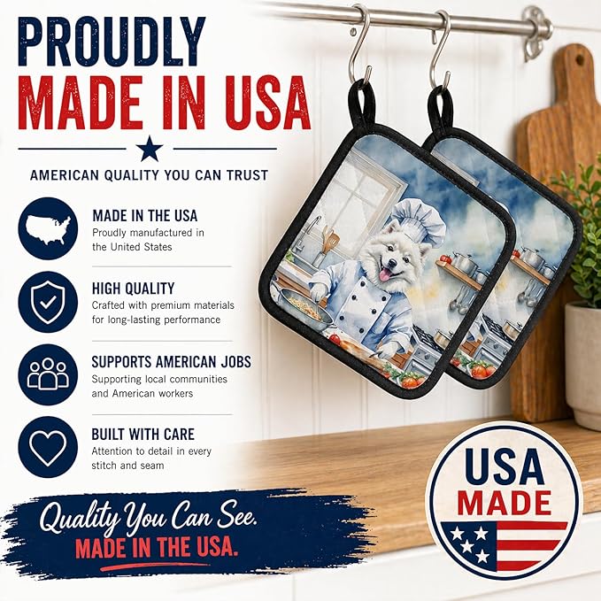 Caroline's Treasures American Eskimo The Chef Pair of Pot Holders Kitchen Heat Resistant Pot Holders Sets Oven Hot Pads for Cooking Baking BBQ, 7 1/2 x 7 1/2