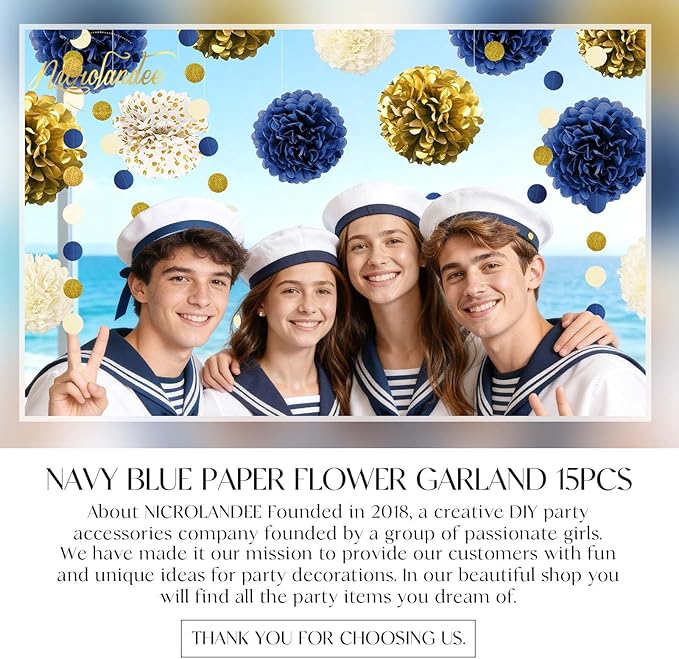 NICROLANDEE 15 PCS Navy Blue Gold Tissue Paper Pom Poms for Men Birthday, Baby Bridal Shower, Wedding, Bachelorette, Graduations, Navy Blue Engagement Party Backdrop Dot Paper Decorations