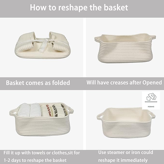 XUANGUO Woven Cotton Rope Storage Basket with Handles for Organizing Shelves Closet Small Cat Dog Pet Toy Baskets Box Bin Decorative Rectangle Baby Nursery basket Gift basket Empty(white)