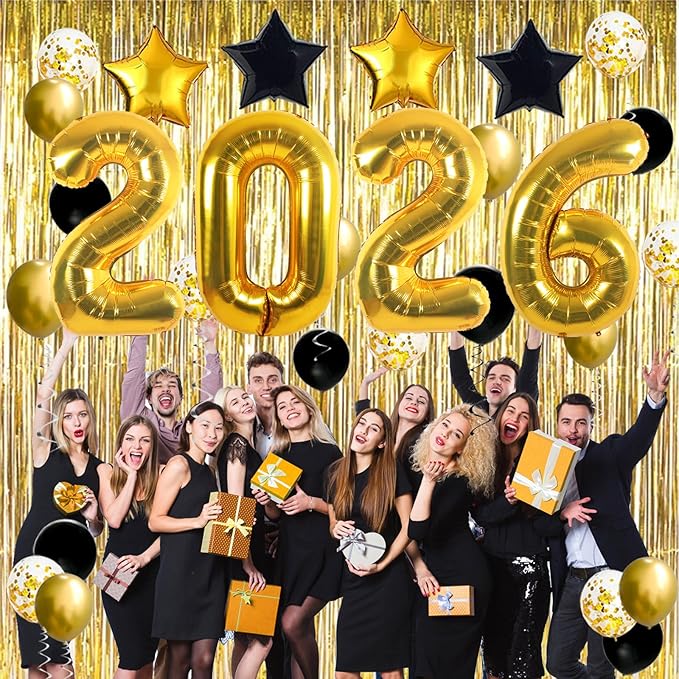 JOJO FLY New Years Eve Party Decorations Kit, Gold 2026 Balloons, Black and Gold Balloons Set, Gold Foil Curtain, Graduation Decorations, New Years Eve Party Supplies 2026