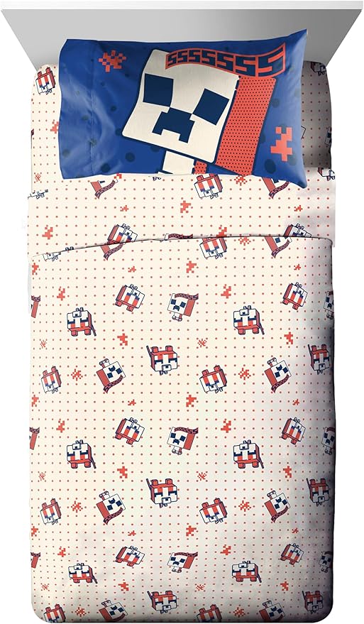 Jay Franco Minecraft Creeper Twin Comforter Set - 5 Piece Bedding Includes Sheet Set & Pillow Covers - Super Soft Red & Blue Oishi Market Kids Bedding