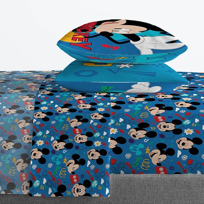 Jay Franco Kids Sheet Set with Fitted, Flat Sheets & Pillow Cover - Ultra-Soft Bedding with Pillowcase for Room Decor, Blue - Mickey Mouse, 4 Piece Queen