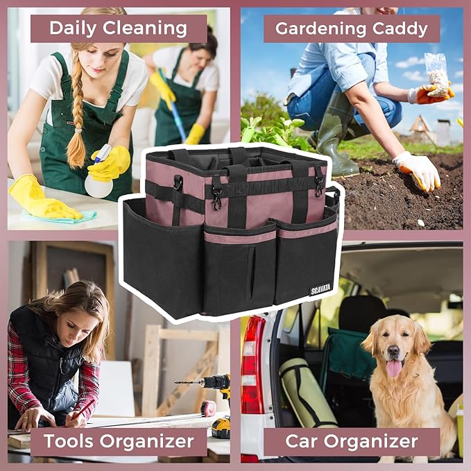 SCAVATA Compact Wearable Cleaning Caddy, Small Cleaning Caddy Supplies Organizer with Handle & Shoulder Straps for Housekeepers, Under Sink & Car Cleaning Tool Organizers Bag (LotusPink)