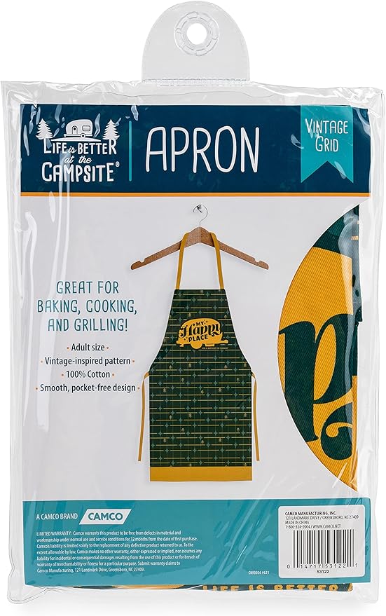 Camco Life is Better at The Campsite Apron | Features Camping/RV Themed Design on Green Grid | Great for Baking, Cooking and Grilling | Adult Sizing (53122)