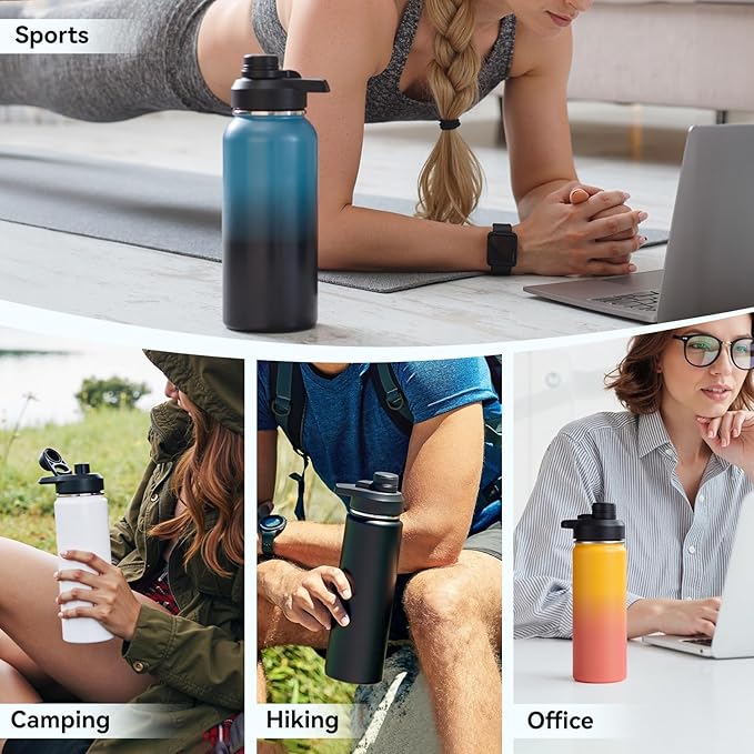 Fijinhom 32 oz Insulated Water Bottle with Handle, 304 Stainless Steel Water Bottles with Wide Mouth, Double Wall Vacuum Sports Water Bottle, BPA Free, Keep Cold and Hot, Blue&Black