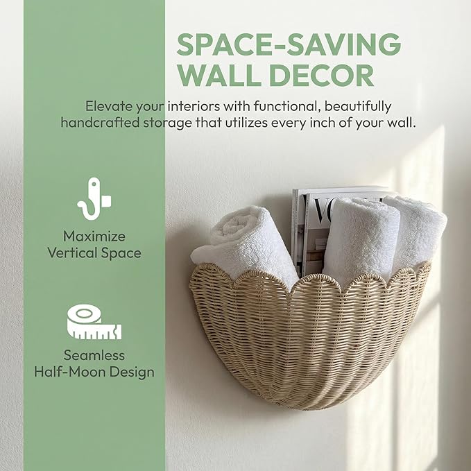 2pcs woven wall baskets,scalloped wall basket,hanging basket,16" x 10" x 7"In & 14" x 8" x 6"In