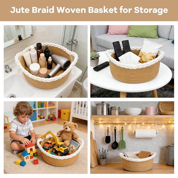 Small Storage Basket, Braided Cotton Rope Basket with Handles - Jute Color Boho Organizer for Bathroom, Nursery & Living Room, Gift & Home Decor (11"x7"x4.7")