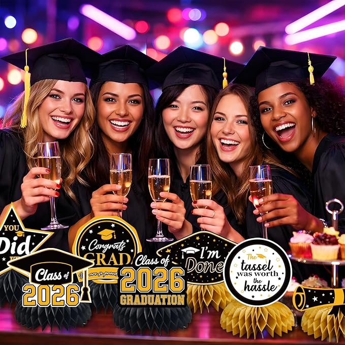 Graduation Decorations 2026 - Black Gold Graduation Honeycomb for Table Centerpiece | Graduation Party Decorations Class of 2026,Table Toppers for Graduation Party Favors Supplies Indoor Outdoor