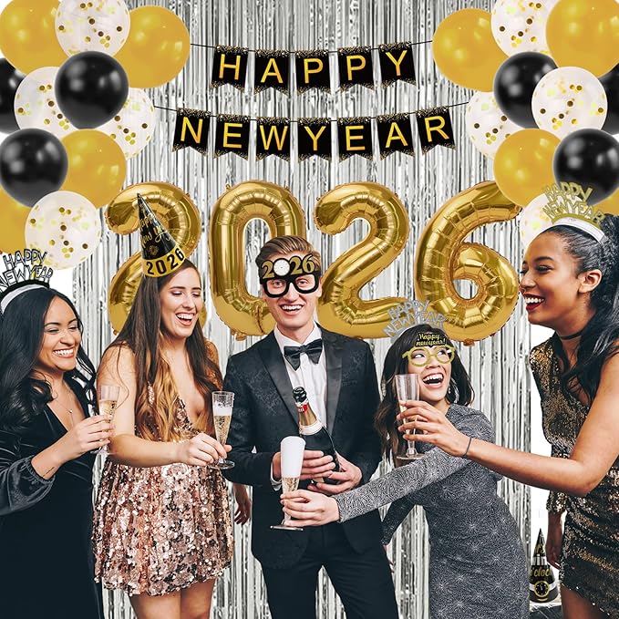 New Years Eve Party Supplies 2026 - Happy New Year Decorations Kit - Set of 50 Includes Banner, Hats, Ribbon, Glasses,Tiaras, Balloons, Squawkers and Fringe Curtains - Accessories for Kids Party Decor