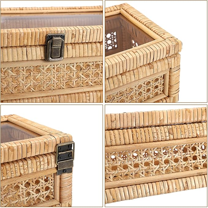 Hipiwe Rattan Decorative Box with Clear Lid and Lock - Natural Woven Wicker Basket Bin Rectangular Basket Organizer Vintage Wood and Cane Display Boxes for Shelves Home Storage and Decor