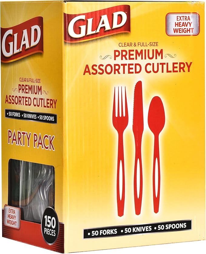 Glad Clear Disposable Cutlery Set with Heavy Duty Plastic Forks, Knives, and Spoons, Reusable Dishwasher Safe Plastic Utensils for Parties and Everyday Use, 150 Count