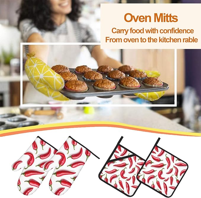 Red Pepper Pattern Oven Gloves and Hot Pads Set - Heatproof Hand Protection for Baking, Grilling, Cooking 4Pcs