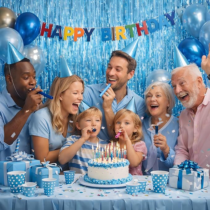 Blue Birthday Decorations - Blue Tinsel Streamers Backdrop Banner | Summer Party Favors Supplies Indoor Outdoor - Pool Party Decor for Beach Wedding Graduation Baby Shower,2 Pack